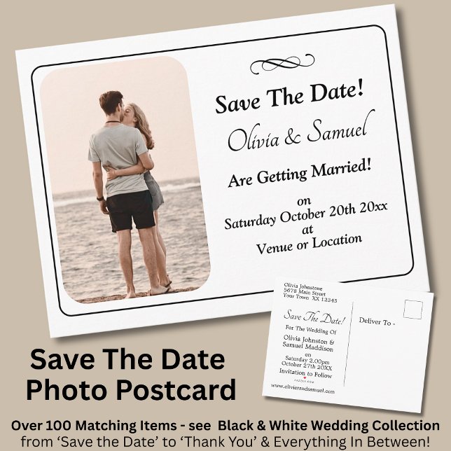 Save The Date, Photo - Black & White with Infinity Ankündigungspostkarte (Von Creator hochgeladen)