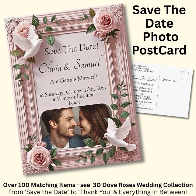 Save The Date, Photo - Dove & Pink Roses Ankündigungspostkarte (Von Creator hochgeladen)