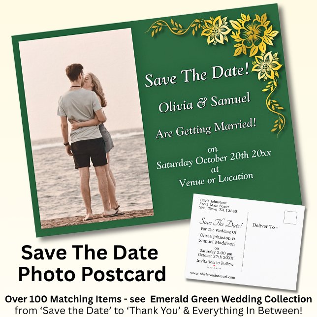 Save The Date, Photo -Emerald Green & Gold Ankündigungspostkarte (Von Creator hochgeladen)