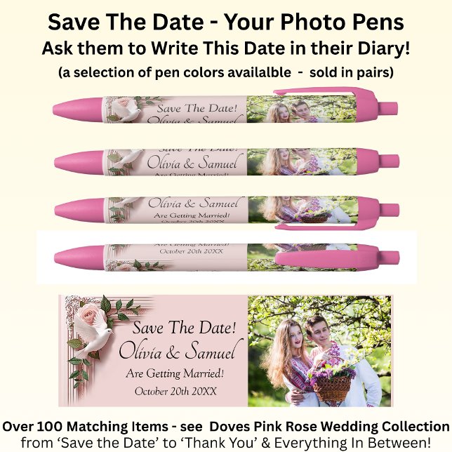 Save The Date - Photo + Pink Roses & Doves Wedding Kugelschreiber (Von Creator hochgeladen)