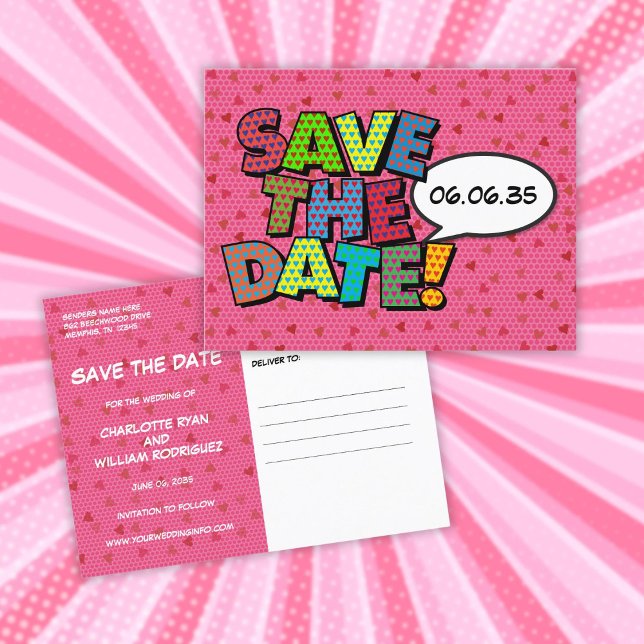Save the Date Pink Modern Hearts Confetti Wedding Ankündigungspostkarte (Save The Date Pink Modern Hearts Confetti Wedding Announcement Postcard)