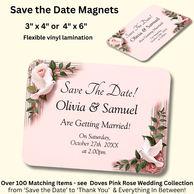 Save The Date - Pink Roses & Doves Wedding Magnet (Von Creator hochgeladen)