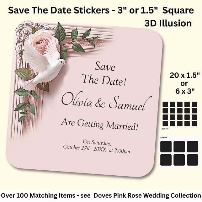 Save The Date - Pink Roses & Doves Wedding Quadratischer Aufkleber (Von Creator hochgeladen)