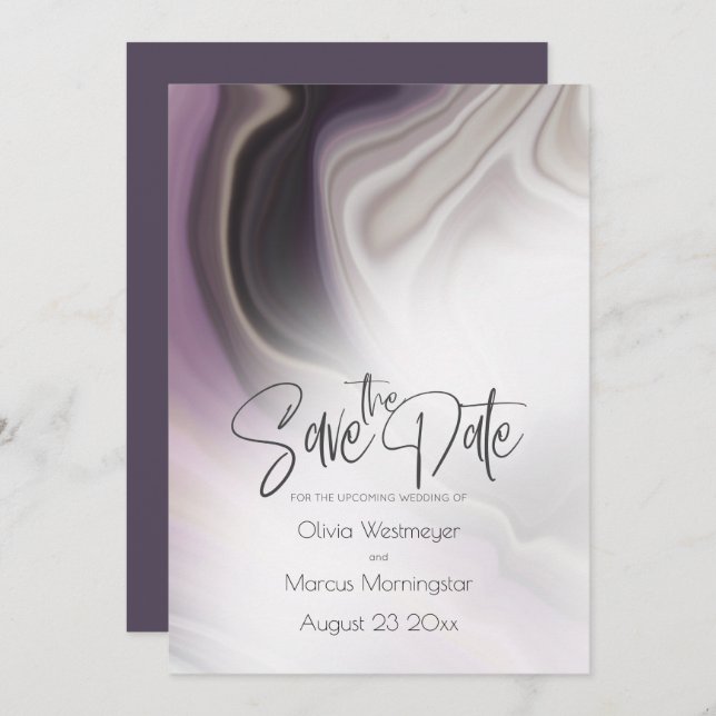 Save The Date | Plum Misty Marble Einladung (Vorne/Hinten)