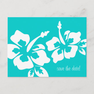 Save the Date Postcard Beach Wedding Hibiskus Blue Ankündigungspostkarte
