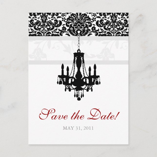 Save the Date Postcard Chandelier Damask BW Ankündigungspostkarte (Vorderseite)