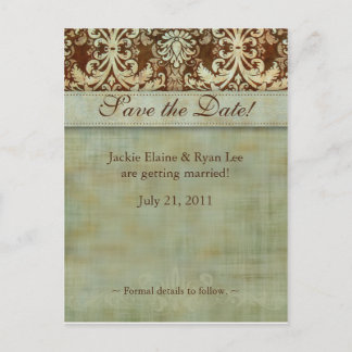 Save the Date Postcard Damask Brown Green Vintag Ankündigungspostkarte