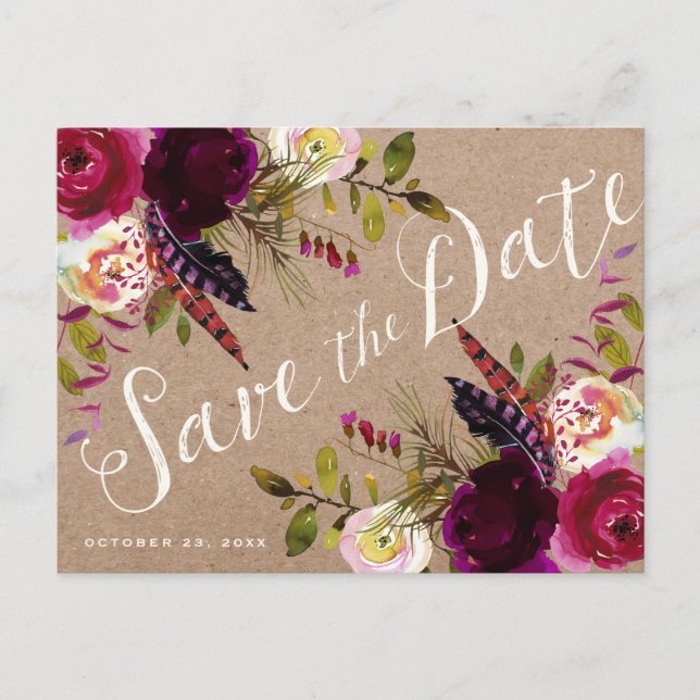 SAVE THE DATE POSTCARD | Floral Rustic Boho Ankündigungspostkarte (Vorderseite)