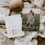 Save the Date Postcard - Minimaler Script Gold Foi Folien Feiertagspostkarte<br><div class="desc">Herzlichen Glückwunsch zu Ihrer Verlobung! Stellen Sie sicher, dass jeder mit unserem schönen Save The Dates an Ihrer großen Veranstaltung teilnehmen kann! Und mit diesen schönen Postkarten können Sie einfach editieren und schreiben! Klicken Sie auf den Button "Anpassen", um mit Ihrem Layout zu beginnen! Dieses Produkt enthält Bilder, die durch...</div>