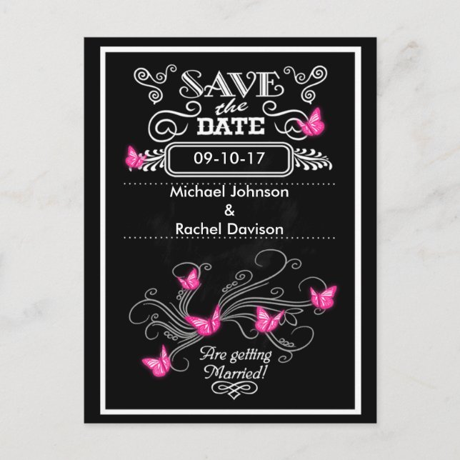 Save the Date Postcard Rosa Schmetterlinge Vintag Ankündigungspostkarte (Vorderseite)