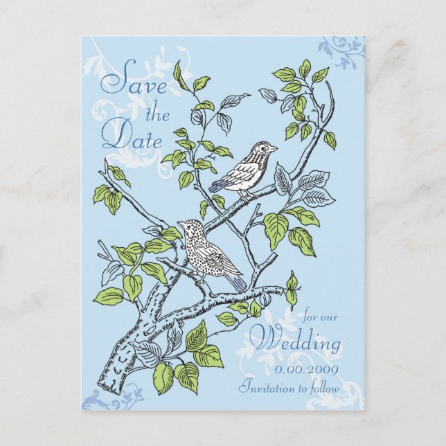 SAVE THE DATE POSTCARD, WEDD, LIEBE VÖGEL ANKÜNDIGUNGSPOSTKARTE (Vorderseite)