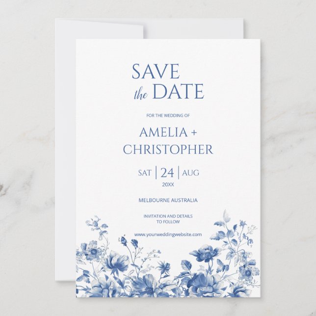 Save the Date Postkarte, blau mit Blume (Vorderseite)