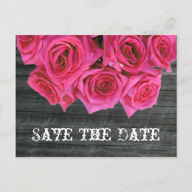 Save the Date Postkarte - Hot Pink Rose & Barnwood (Vorderseite)