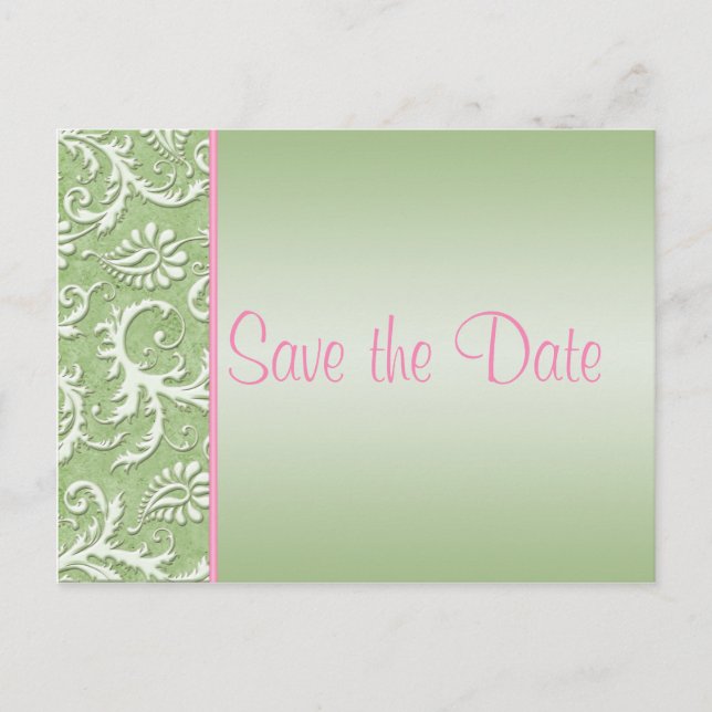 Save the Date Postkarte mit grünem und rosa Damast (Vorderseite)