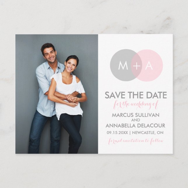 Save the Date Postkarte mit rosa und grauem Circle (Vorderseite)