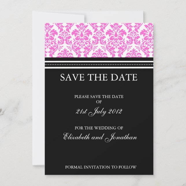 Save the Date Postkarte mit schwarzem und rosa Dam (Vorderseite)