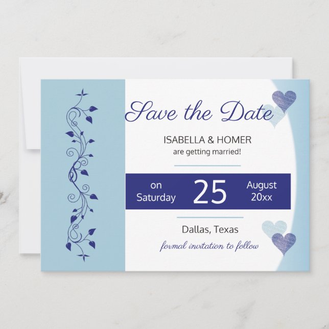 Save the Date Powder Navy Blue Heart Vines Wedding (Vorderseite)