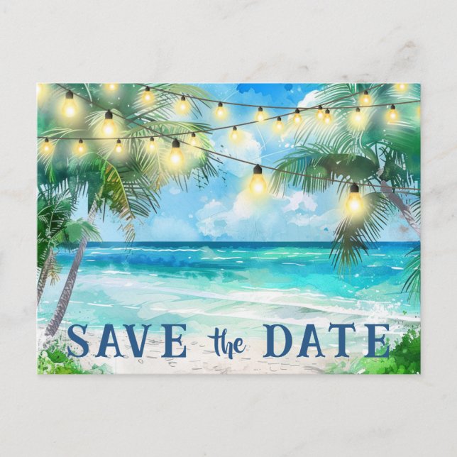 Save the Date QR Code Tropical Beach Ankündigung Postkarte (Vorderseite)