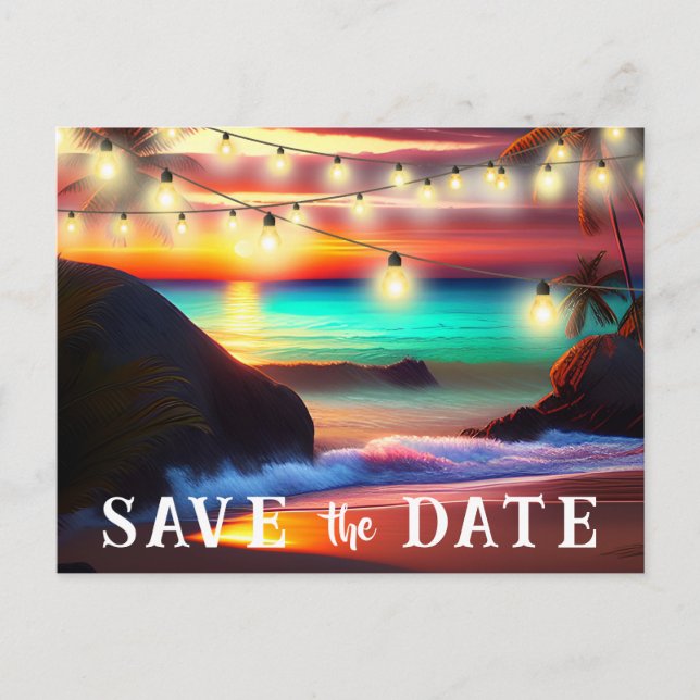 Save the Date QR Code Tropical Beach Ankündigung Postkarte (Vorderseite)