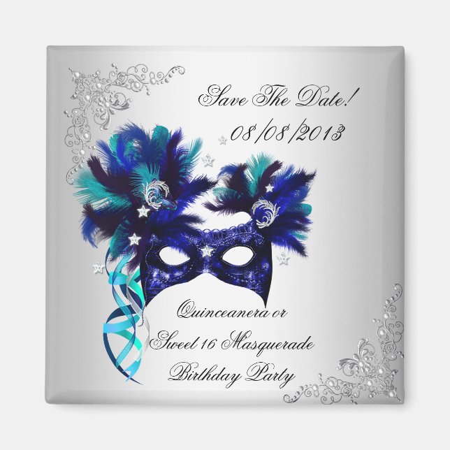 Save the Date Quinceanera Sweet 16 Masquerade Blue Magnet (Vorne)