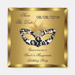 Save the Date Quinceanera Sweet 16 Masquerade Gold Magnet