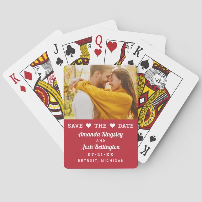 Save the Date Red Custom Wedding Foto Spielkarten (Rückseite)