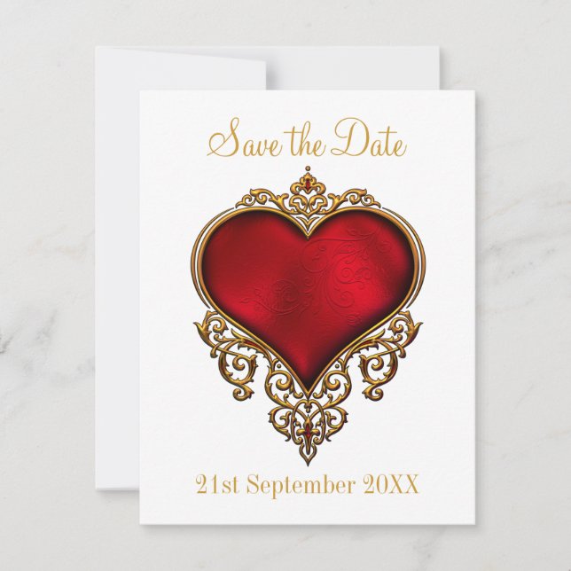 Save the Date Red Gold Heart White (Vorderseite)