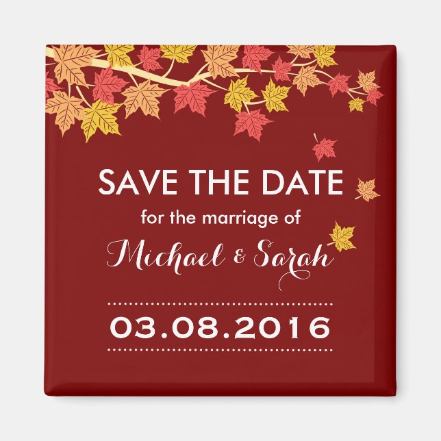 Save the Date Red Maple Blätter Hochzeit im Herbst Magnet (Vorne)
