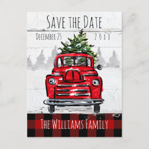 Save the Date Retro Red Truck and Tree Postcard Postkarte