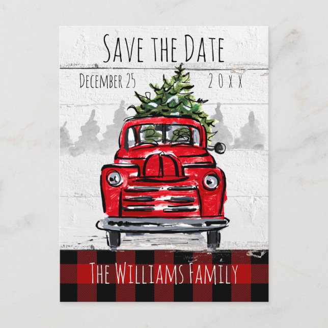 Save the Date Retro Red Truck and Tree Postcard Postkarte (Vorderseite)