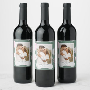 Save the Date Romantisches Couple Glitzer Blumenkr Weinetikett