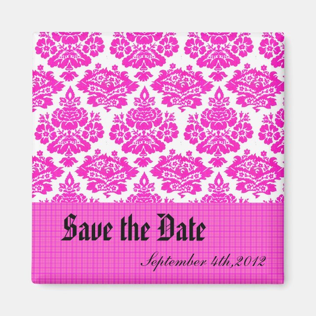 Save the Date, rosa Damast Magnet (Vorne)