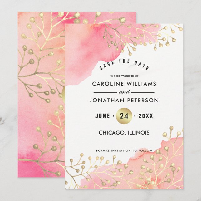 Save The Date. Rosa Pfirsich Botanische Wasserfarb Date (Vorne/Hinten)