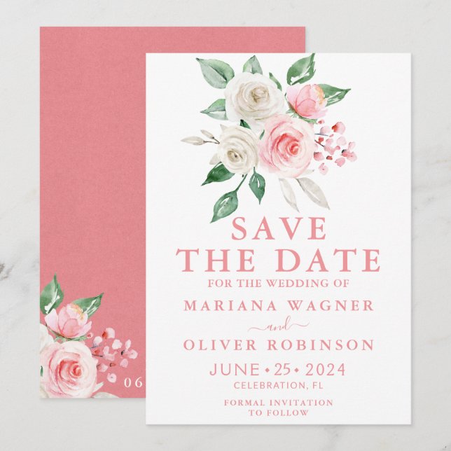 Save the Date rosa Pfirsich Weiße Farbe Blüte Einladung (Vorne/Hinten)