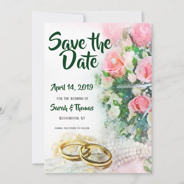 Save the Date rosa Rosen mit goldenen Hochzeitsbän (Vorderseite)
