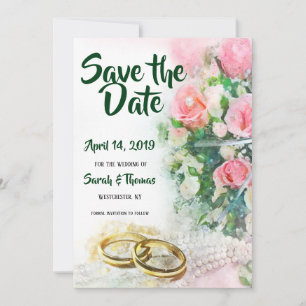 Save the Date rosa Rosen mit goldenen Hochzeitsbän