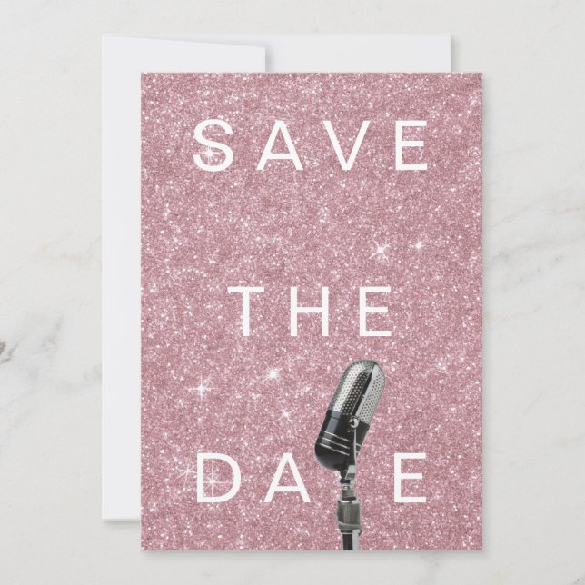 Save the Date Rosa Schwarz Rose Glitzer Mikrofone (Vorderseite)