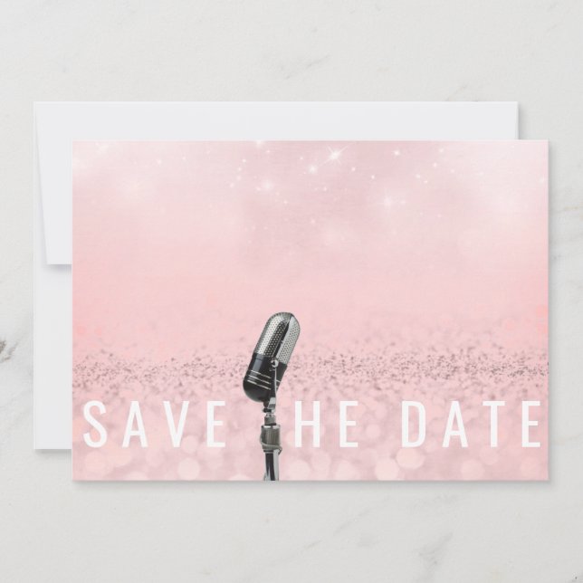 Save the Date Rosa Schwarz Rose Glitzer Mikrofone (Vorderseite)