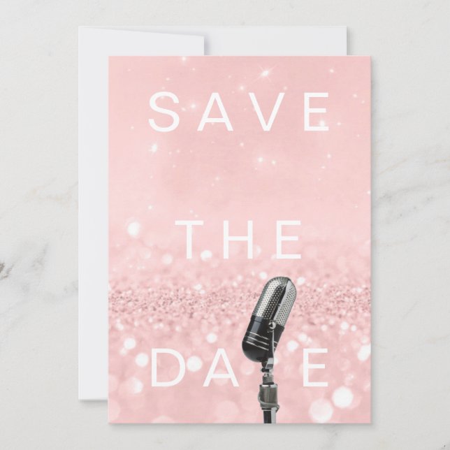Save the Date Rosa Schwarz Rose Glitzer Mikrofone (Vorderseite)