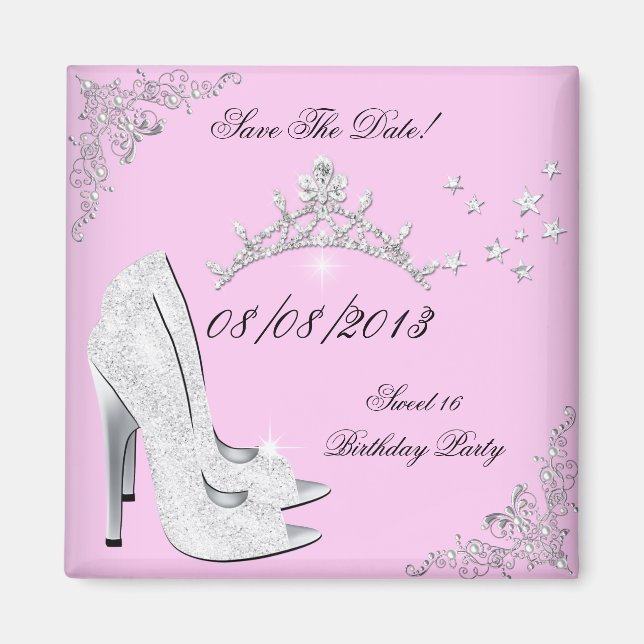 Save the Date rosa Silber High Heels Schuhe Tiara Magnet (Vorne)