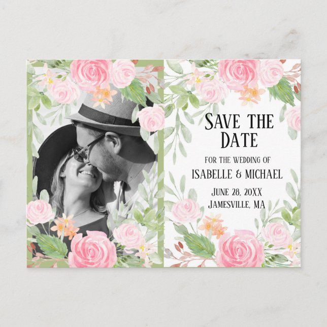 Save the Date Rosa und Weiße Blüten Postkarte (Vorderseite)
