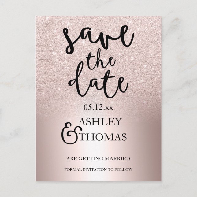 Save the Date Rose Glitzer ombre metallic Ankündigungspostkarte (Vorderseite)