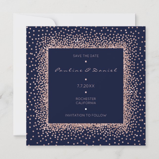 Save the Date Rose Gold Blue Navy Glitzer Monogram (Vorderseite)