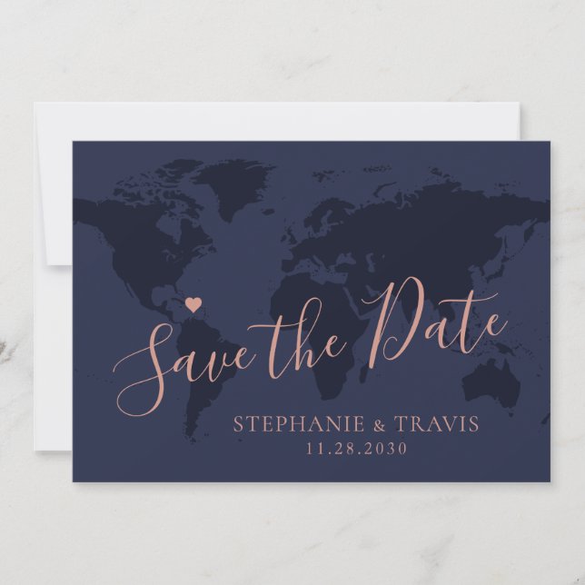 Save the Date Rose Gold Blue World Map Zielort (Vorderseite)