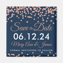 Save the Date Rose Gold Glitzer Confetti Navy Blue Magnet