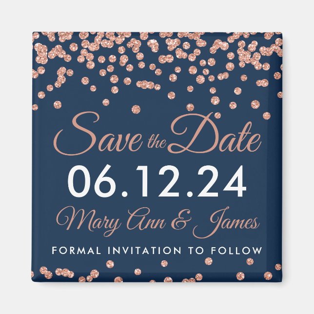 Save the Date Rose Gold Glitzer Confetti Navy Blue Magnet (Vorne)