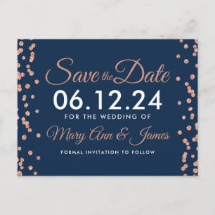 Save the Date Rose Gold Glitzer Confetti Navy Blue Postkarte