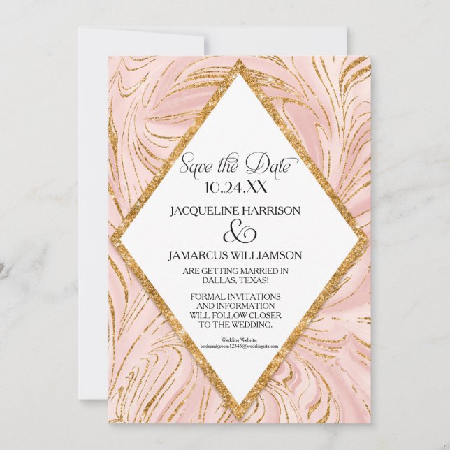 Save the Date Rose Gold Imitate Glitzer Marmorblau (Vorderseite)