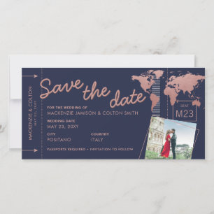 Save the Date Rose Gold Weltkarte Boarding Pass