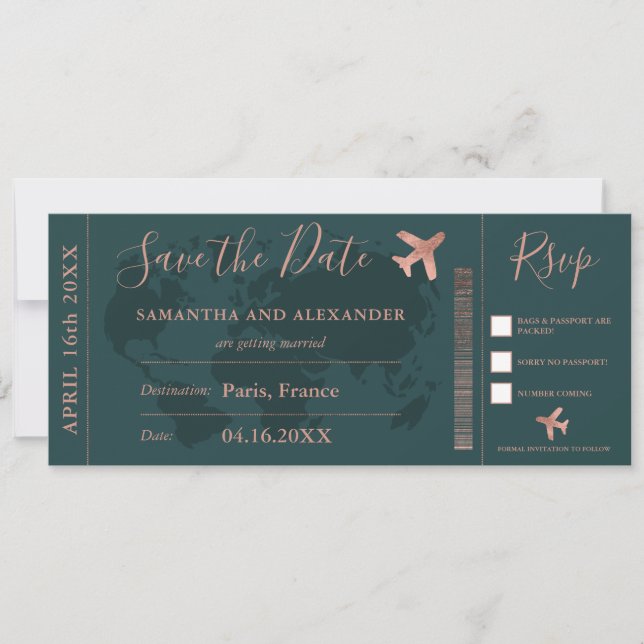 Save the Date Rose Gold Weltkarte Boarding Pass (Vorderseite)